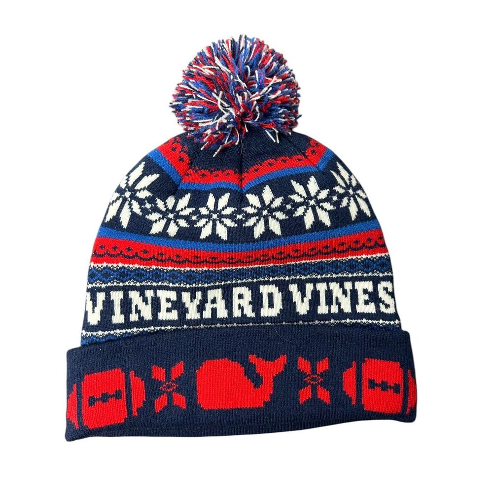 Vineyard Vines Knit Beanie Spellout Whales Snowflakes Football PomPom‎ Navy Red